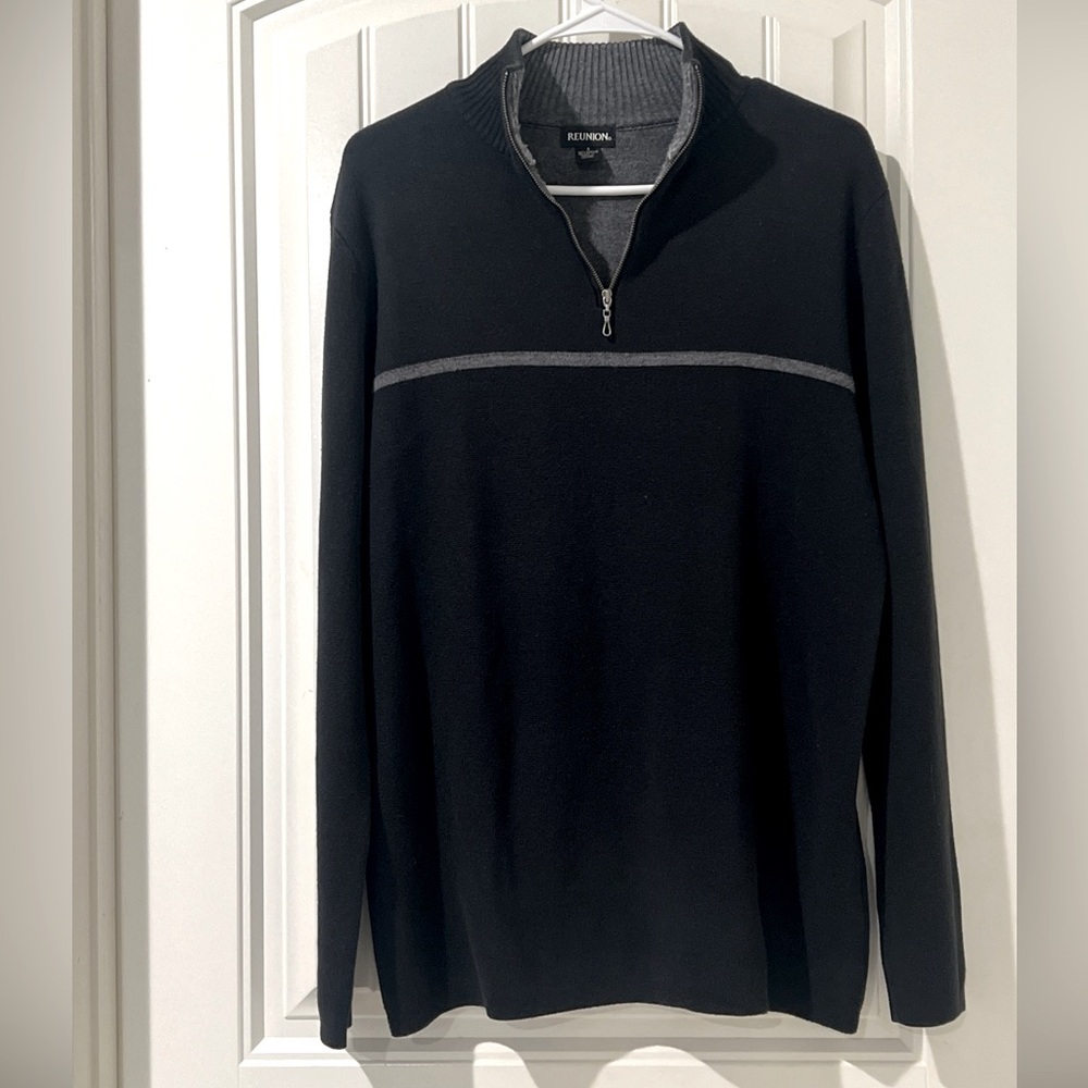 Reunion Elegant Retro High Neck 1/4 Zip Blue Knit Sweater Pullover Men's Size S